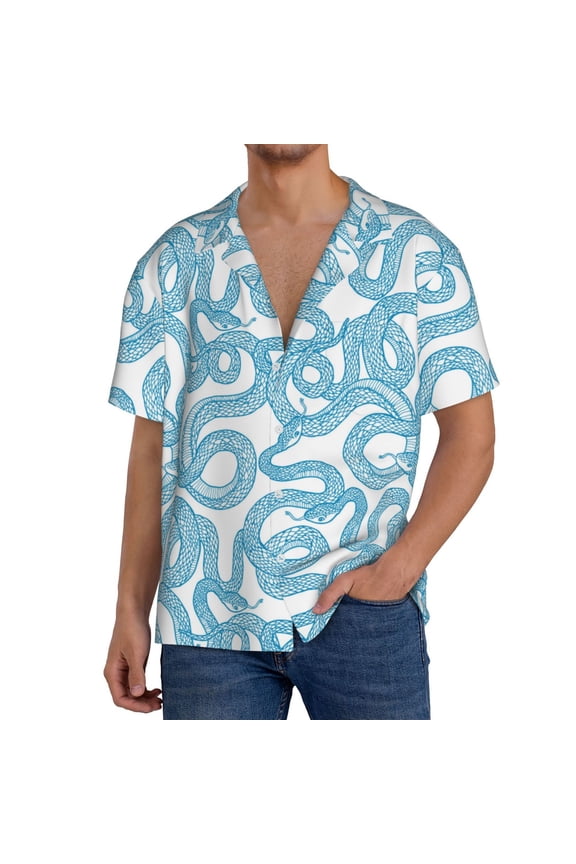 Blue Snake Print Men's Short-sleeved Shirts, Button-down Pocket Shirts, T-shirts, Beach Vacation Travel Summer Clothing-Medium