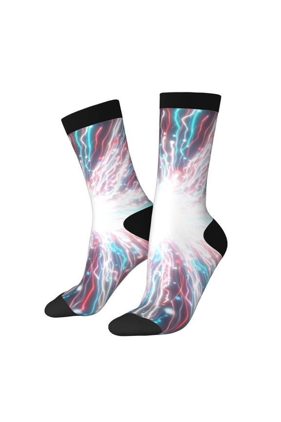Blue Swirl Fireworks Print Contrast Color Mid-calf Socks, Sweat-wicking Athletic Socks, Unisex Clothing Accessories