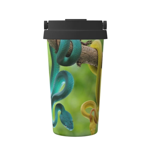 Gukieu Blue Viper And Yellow Viper Snake Print Insulated Coffee Cup, Portable Stainless Steel Vacuum Cup with Lid, Unisex, Suitable for Office, Cafe, Car