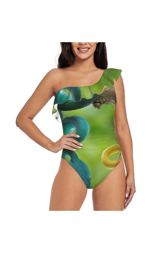 Blue Viper And Yellow Viper Snake Print One-shoulder Ruffled One-piece Swimsuit with Removable Chest Pads and Tummy-control Swimsuit for Women-X-Large