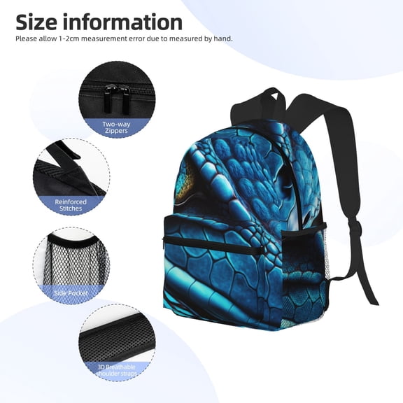 Gukieu Blue Viper Snake Closeup Face Print Backpack, Waterproof Backpack with Adjustable Shoulder Straps, Suitable for Campus, Business, Travel, Unisex