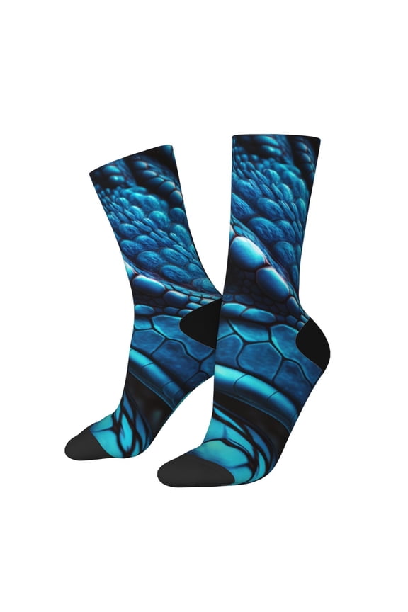 Blue Viper Snake Closeup Face Print Contrast Color Mid-calf Socks, Sweat-wicking Athletic Socks, Unisex Clothing Accessories