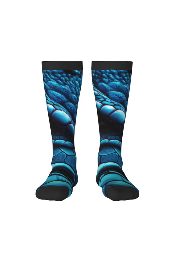 Blue Viper Snake Closeup Face Print Contrast Color Stockings, Elastic Sports Socks Warm Socks Clothing Accessories, Adult Unisex