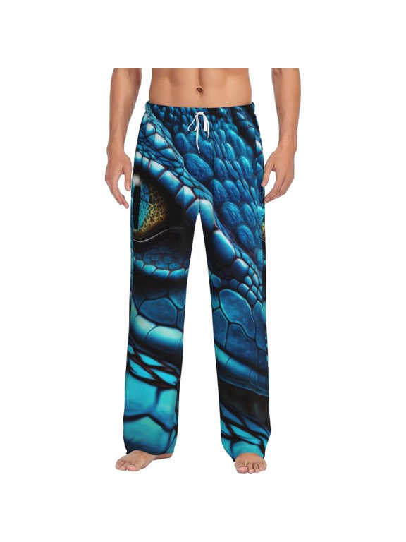 Blue Viper Snake Closeup Face Print Men's Home Trousers, Elastic Drawstring Home Pajamas Clothing Suitable for Adult Men-Medium