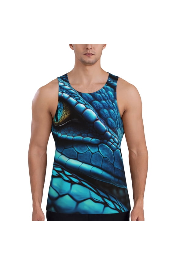 Blue Viper Snake Closeup Face Print Men's Quick Dry Fitness Vest, Round Neck Sleeveless Fitness Bodybuilding Top-Large