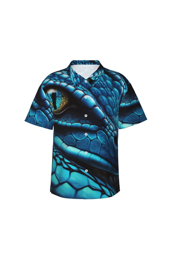 Blue Viper Snake Closeup Face Print Men's Short-sleeved Shirts, Button-down Lapel Hawaiian Shirts, T-shirts, Beach Vacation Summer Casual Wear,3X-Large