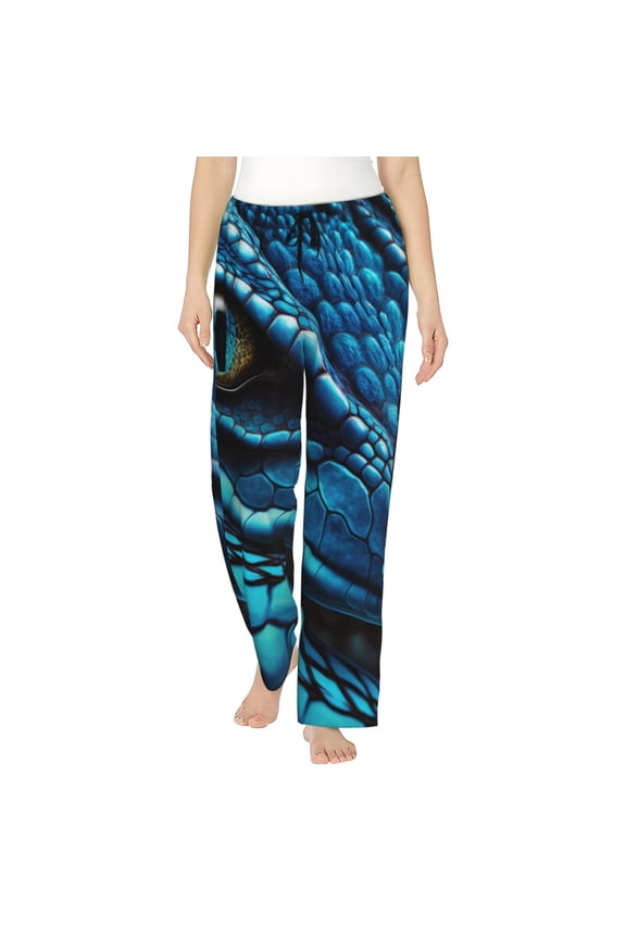 Blue Viper Snake Closeup Face Print Women's Home Trousers, with Pockets and Drawstring Pajamas, Home Pajamas, Sleepwear-Medium