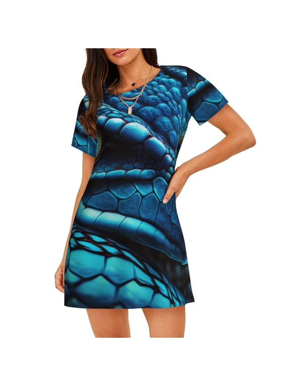 Blue Viper Snake Closeup Face Print Women's Nightgown, A-line Round Neck Short-sleeved Nightgown Pajamas Home Wear Suitable for Home and Outing