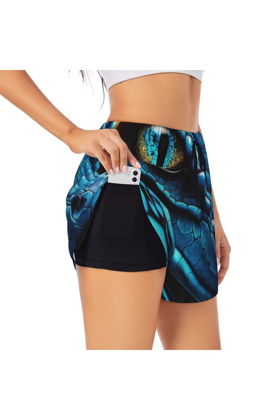 Blue Viper Snake Closeup Face Print Women's Sports Shorts with Drawstring Elastic Waistband for Running, Yoga, Fitness-Small