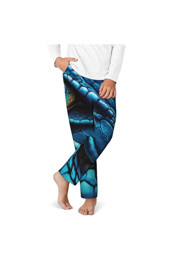 Blue Viper Snake Closeup Face Print Youth Home Trousers, Elastic Waistband with Pockets for Home and Outing, Suitable for Children Aged 5-16-Large