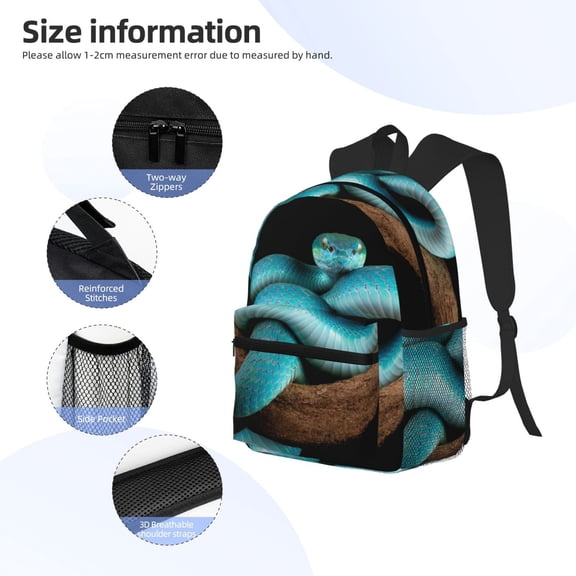 Gukieu Blue Viper Snake Print Backpack, Waterproof Backpack with Adjustable Shoulder Straps, Suitable for Campus, Business, Travel, Unisex