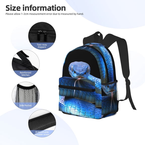 Gukieu Blue Viper Snake Print Backpack, Waterproof Backpack with Adjustable Shoulder Straps, Suitable for Campus, Business, Travel, Unisex