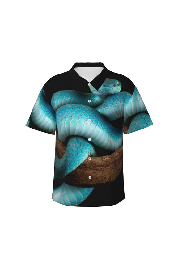 Blue Viper Snake Print Men's Short-sleeved Shirts, Button-down Lapel Hawaiian Shirts, T-shirts, Beach Vacation Summer Casual Wear,Medium