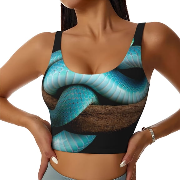 Gukieu Blue Viper Snake Print Women's Sports Vest, Low-neck U-shaped Removable Pad Sports Bra for Yoga, Exercise, Dance-Large