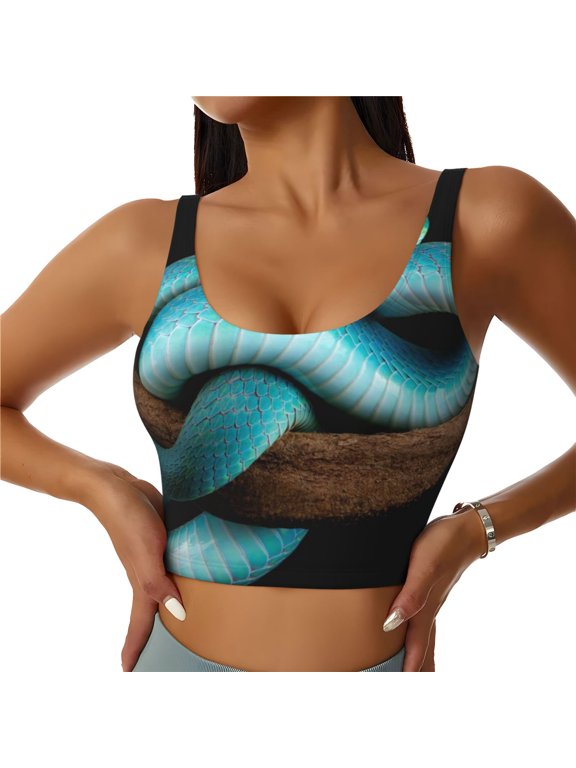 Blue Viper Snake Print Women's Sports Vest, Low-neck U-shaped Removable Pad Sports Bra for Yoga, Exercise, Dance-Large