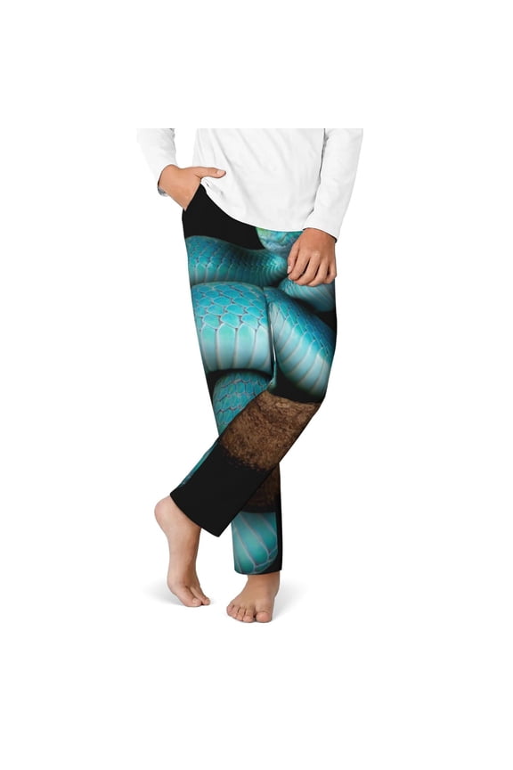 Blue Viper Snake Print Youth Home Trousers, Elastic Waistband with Pockets for Home and Outing, Suitable for Children Aged 5-16-XS(5-6)
