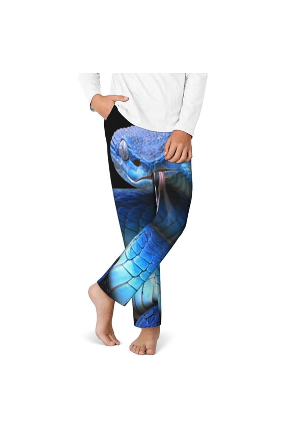Blue Viper Snake Print Youth Home Trousers, Elastic Waistband with Pockets for Home and Outing, Suitable for Children Aged 5-16-XS(5-6)