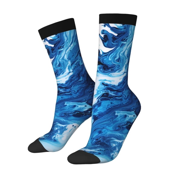 Gukieu Blue White Fluid Art Print Contrast Color Mid-calf Socks, Sweat-wicking Athletic Socks, Unisex Clothing Accessories