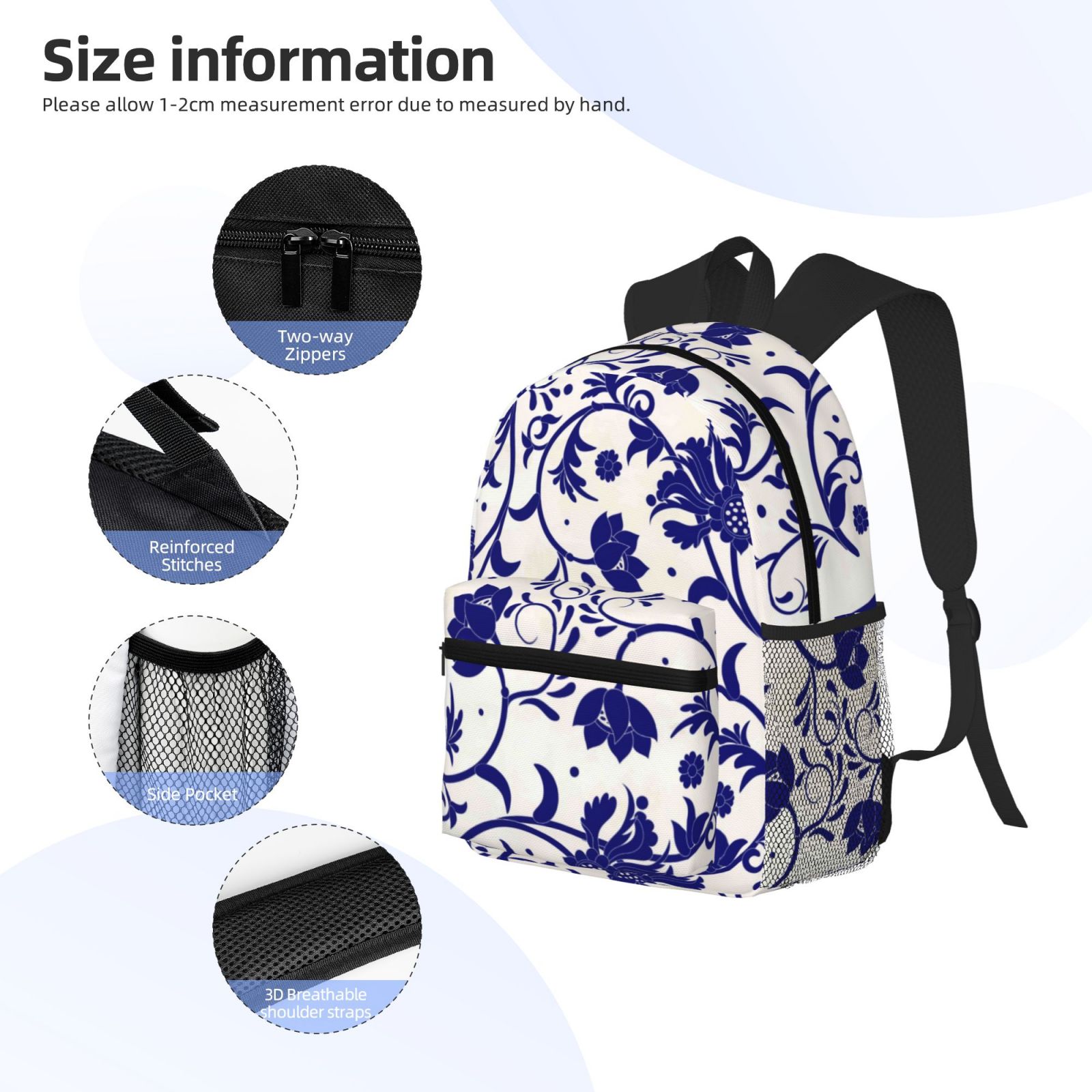 Gukieu Blue And White Porcelain Pattern Print Backpack, Waterproof