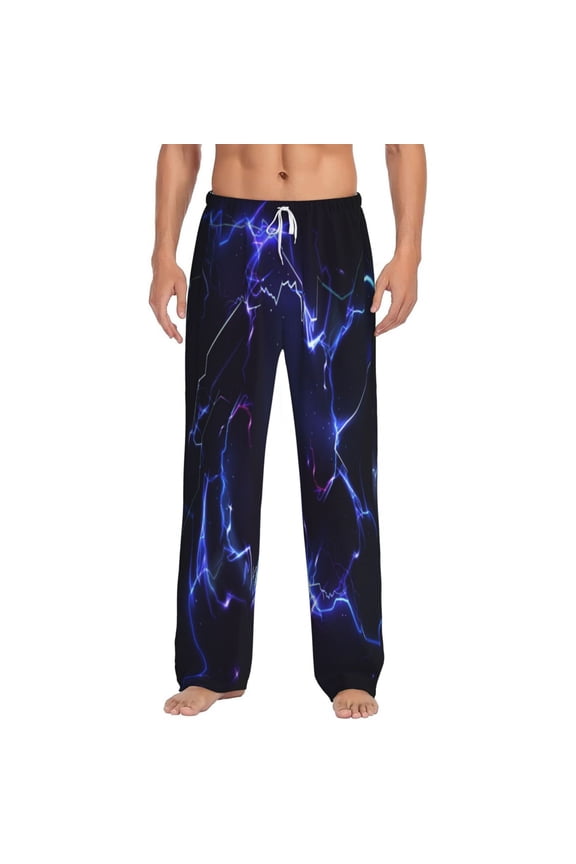 Blue thunder bolt light Print Men's Home Trousers, Elastic Drawstring Home Pajamas Clothing Suitable for Adult Men-X-Large