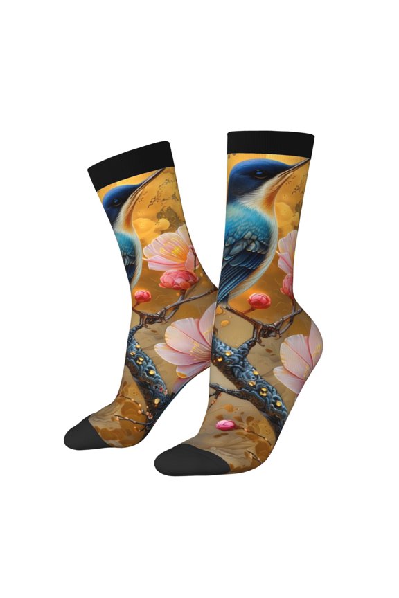 Bluebird Blossom Elegance Print Contrast Color Mid-calf Socks, Sweat-wicking Athletic Socks, Unisex Clothing Accessories