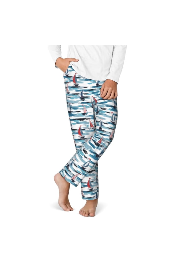 Boat In Ocean Print Youth Home Trousers, Elastic Waistband with Pockets for Home and Outing, Suitable for Children Aged 5-16-Small
