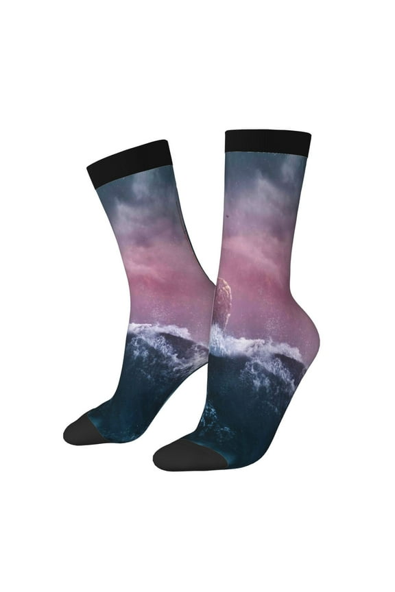 Boat Lighthouse Storm Waves Print Contrast Color Mid-calf Socks, Sweat-wicking Athletic Socks, Unisex Clothing Accessories