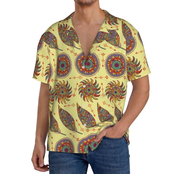 Gukieu Bohemia Print Men's Short-sleeved Shirts, Button-down Pocket Shirts, T-shirts, Beach Vacation Travel Summer Clothing-Medium
