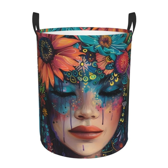 Gukieu Bohemian Colorful Flower Woman Print Round Dirty Clothes Bag, Waterproof Standing Home Bathroom Storage Basket Car Trunk Storage Bag-Small