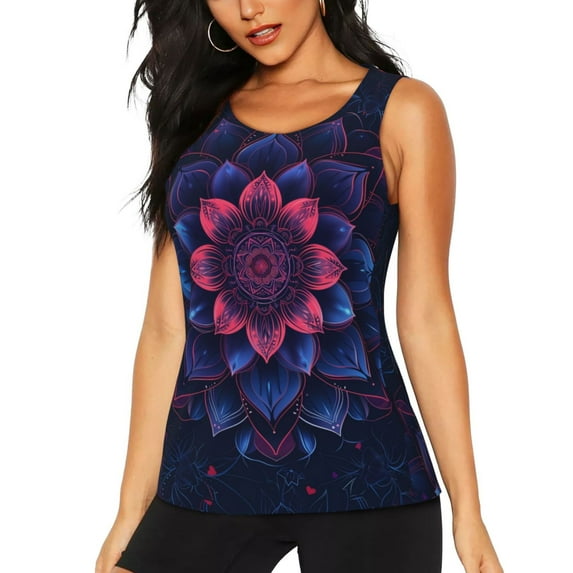 Gukieu Bohemian Vintage Pattern Print Women's Quick-drying Fitness Vest, Round Neck Sleeveless Fitness T-shirt, Suitable for Yoga, Sports-Large