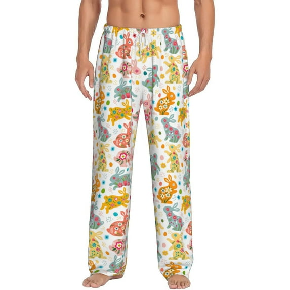 Gukieu Boho Bunny Print Men's Home Trousers, Elastic Drawstring Home Pajamas Clothing Suitable for Adult Men-Medium