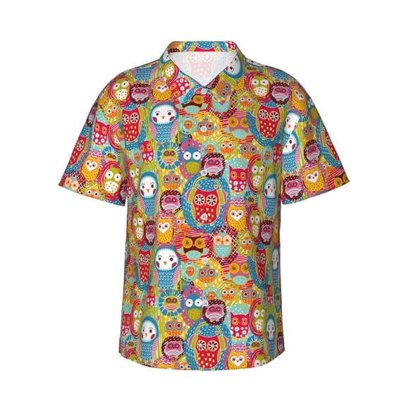 Gukieu Boho Cute Owls Print Men's Short-sleeved Shirts, Button-down Lapel Hawaiian Shirts, T-shirts, Beach Vacation Summer Casual Wear,XX-Large
