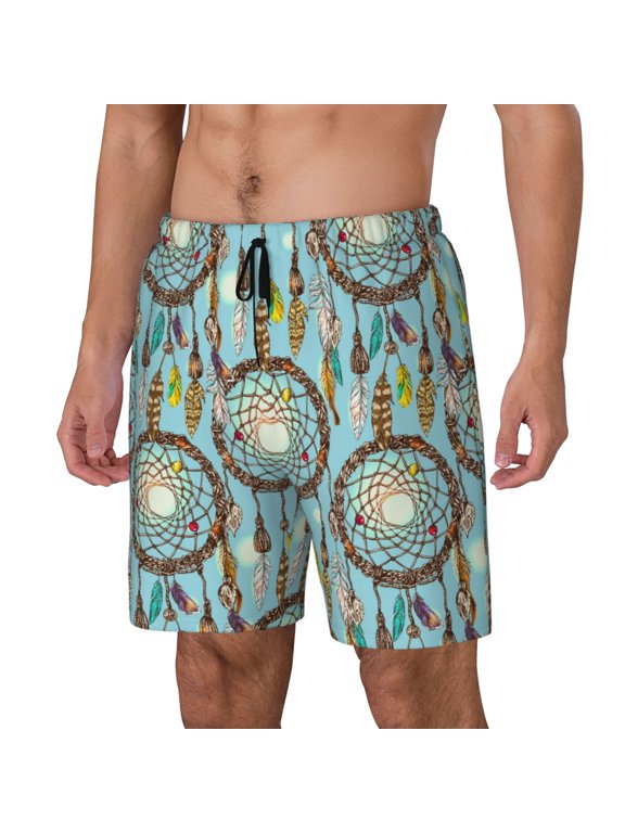 Boho Dreamcatcher 1 Print Men's Double Layer Sports Swim Trunks, Quick Dry Adjustable Waist Swim Shorts Swimwear-Small