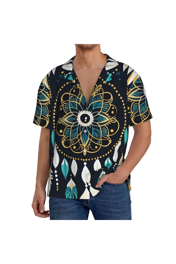 Boho Dreamcatcher Print Men's Short-sleeved Shirts, Button-down Pocket Shirts, T-shirts, Beach Vacation Travel Summer Clothing-Large