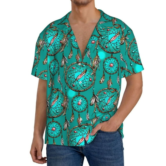 Gukieu Boho Dreamcatcher Print Men's Short-sleeved Shirts, Button-down Pocket Shirts, T-shirts, Beach Vacation Travel Summer Clothing-XX-Large