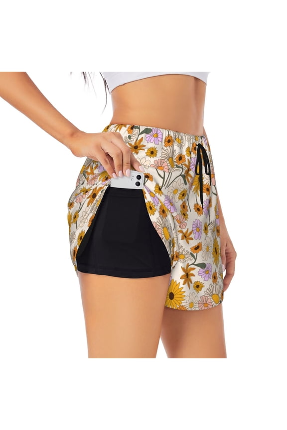Boho Flowers Print Women's Sports Shorts with Drawstring Elastic Waistband for Running, Yoga, Fitness-Medium