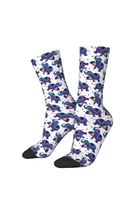 Boho elephant Print Contrast Color Mid-calf Socks, Sweat-wicking Athletic Socks, Unisex Clothing Accessories