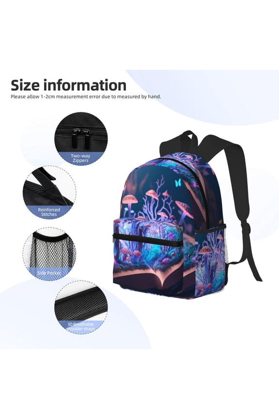 Book Glowing Mushrooms Print Backpack, Waterproof Backpack with Adjustable Shoulder Straps, Suitable for Campus, Business, Travel, Unisex