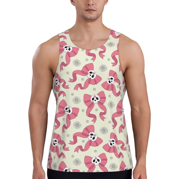 Gukieu Bow With Sugar Skull Print Men's Quick Dry Fitness Vest, Round Neck Sleeveless Fitness Bodybuilding Top-Small