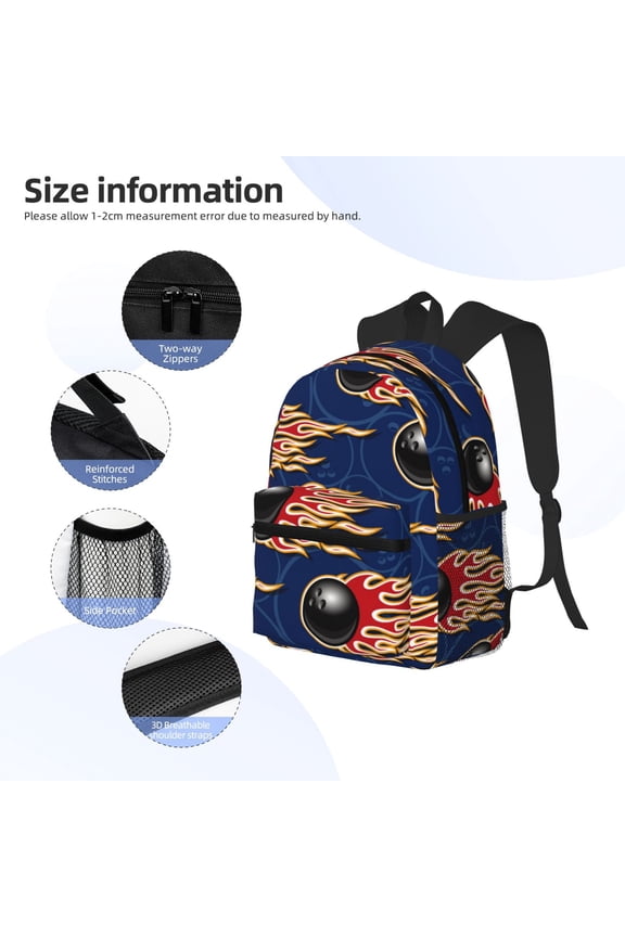 Bowling Ball And Flame Print Backpack, Waterproof Backpack with Adjustable Shoulder Straps, Suitable for Campus, Business, Travel, Unisex