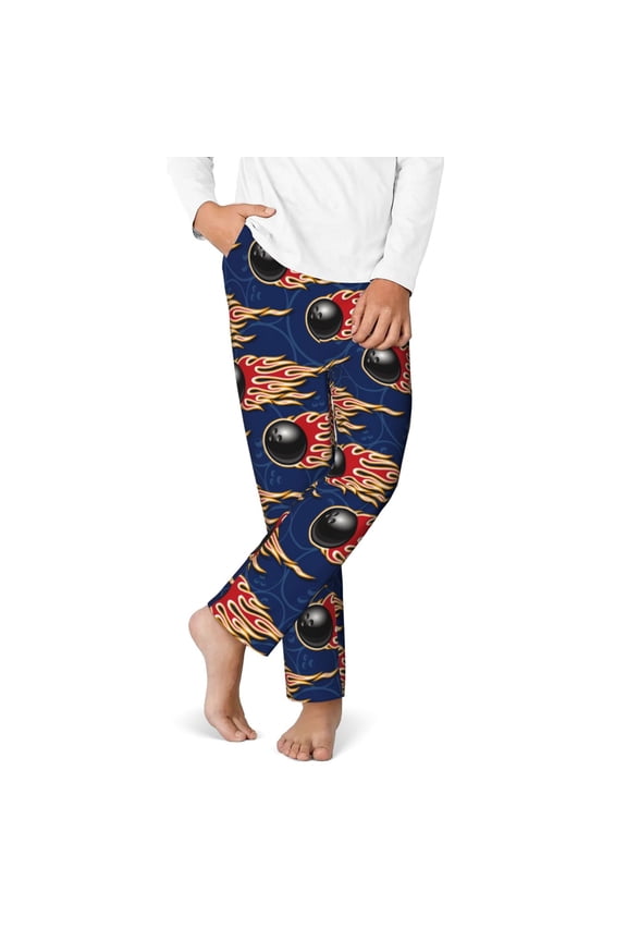 Bowling Ball And Flame Print Youth Home Trousers, Elastic Waistband with Pockets for Home and Outing, Suitable for Children Aged 5-16-Medium
