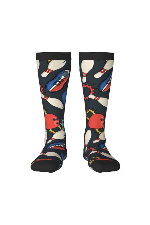 Bowling Ball Print Contrast Color Stockings, Elastic Sports Socks Warm Socks Clothing Accessories, Adult Unisex