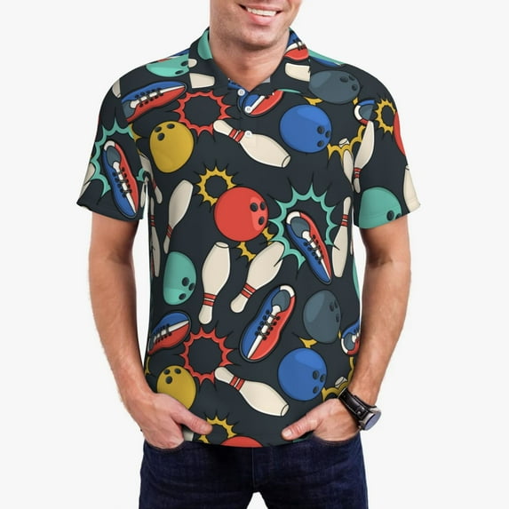 Gukieu Bowling Ball Print Men's Quick-drying POLO Shirt, Button-down Summer T-shirt, Suitable for Work and Outdoor Activities-Medium