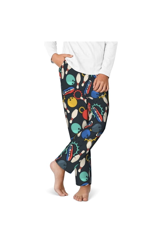 Bowling Ball Print Youth Home Trousers, Elastic Waistband with Pockets for Home and Outing, Suitable for Children Aged 5-16-Large