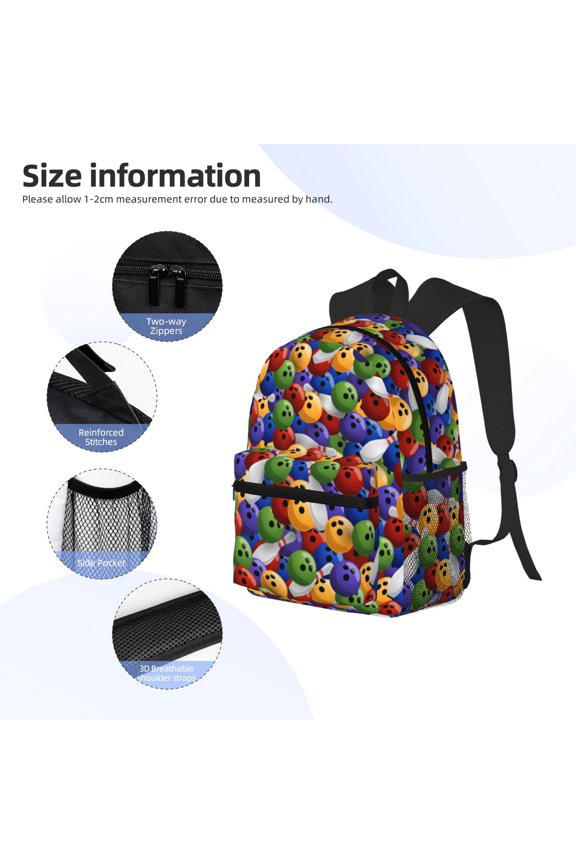 Bowling Colorful Print Backpack, Waterproof Backpack with Adjustable Shoulder Straps, Suitable for Campus, Business, Travel, Unisex