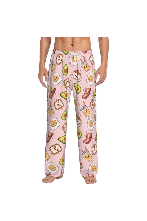 Breakfast Print Men's Home Trousers, Elastic Drawstring Home Pajamas Clothing Suitable for Adult Men-Small