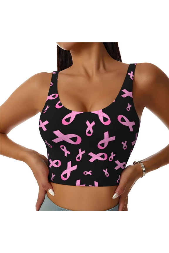 Breast Cancer Awareness Print Women's Sports Vest, Low-neck U-shaped Removable Pad Sports Bra for Yoga, Exercise, Dance-Large