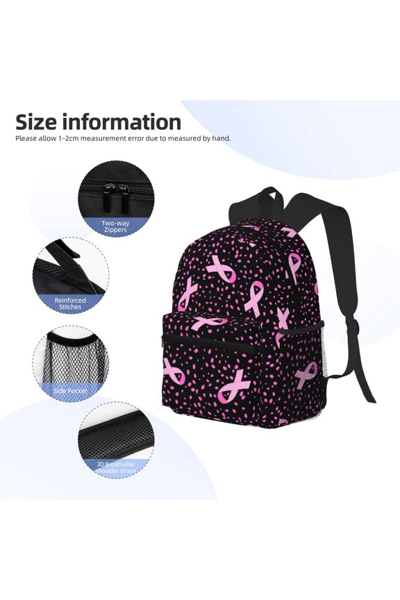 Breast Cancer Awareness3 Print Backpack, Waterproof Backpack with Adjustable Shoulder Straps, Suitable for Campus, Business, Travel, Unisex