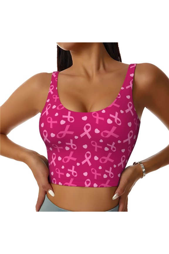 Breast Cancer Awareness6 Print Women's Sports Vest, Low-neck U-shaped Removable Pad Sports Bra for Yoga, Exercise, Dance-