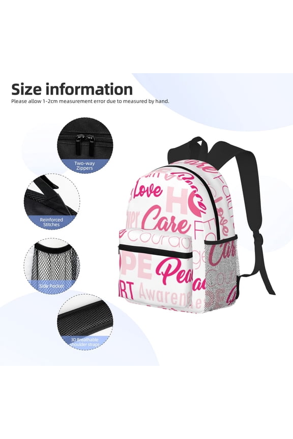Breast Cancer Pink Ribbons Awareness (2) Print Backpack, Waterproof Backpack with Adjustable Shoulder Straps, Suitable for Campus, Business, Travel, Unisex